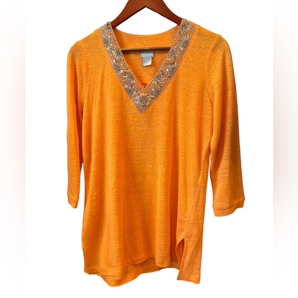 Chico's Linen Tunic US Size S Sequins Rhinestones V Neck Top Blouse Career Wear